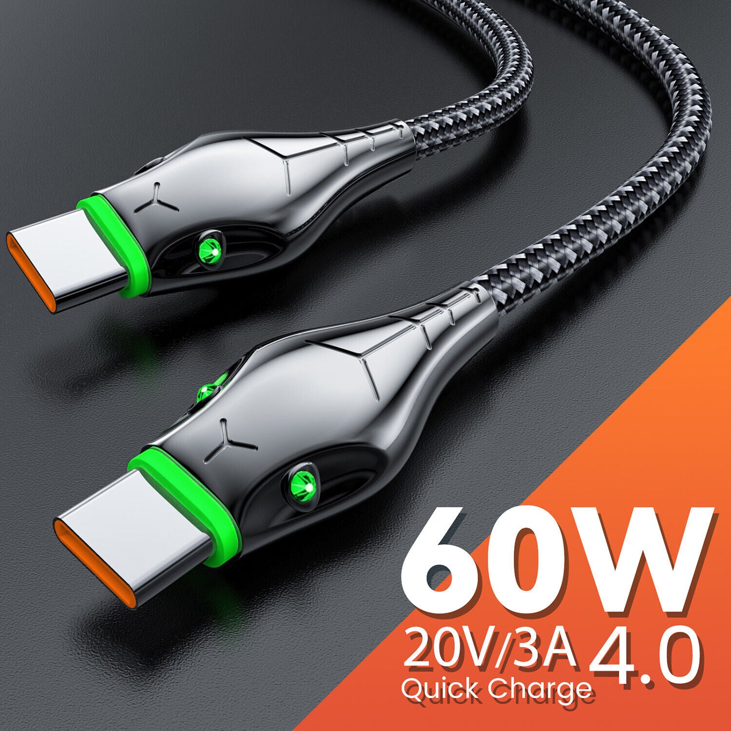 Type C to Type C Cable PD 60W Fast Charger Braided USB Lead LED for Samsung 25Cm