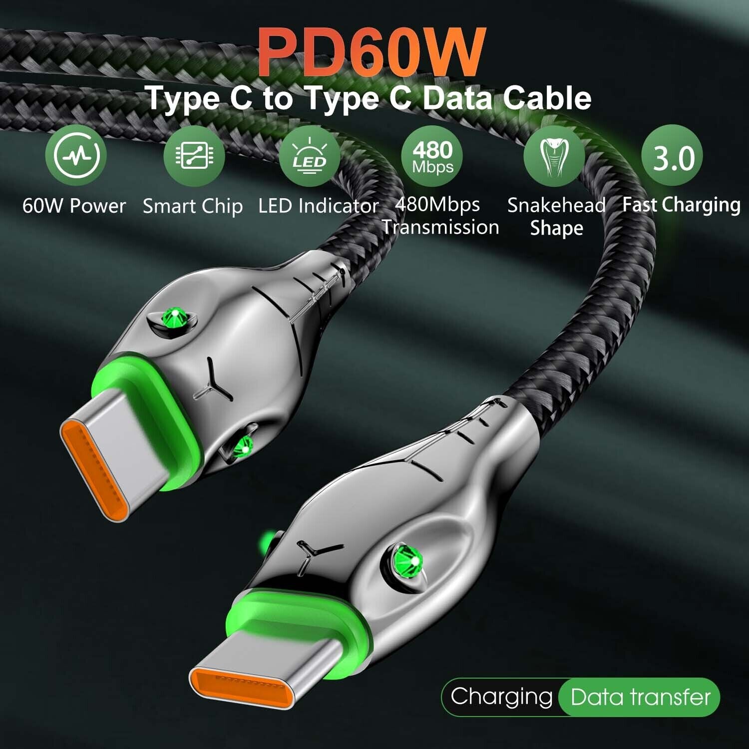 Type C to Type C Cable PD 60W Fast Charger Braided USB Lead LED for Samsung 25Cm